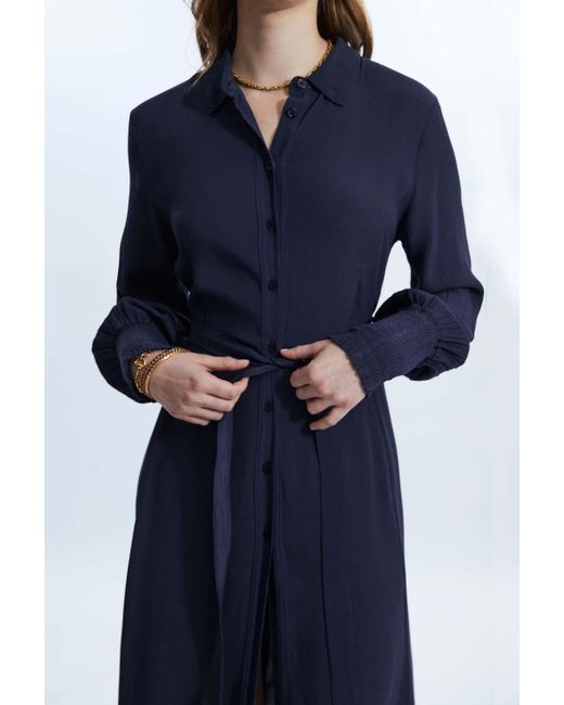 James Lakeland Blue Shirt Collar Belted Midi Dress