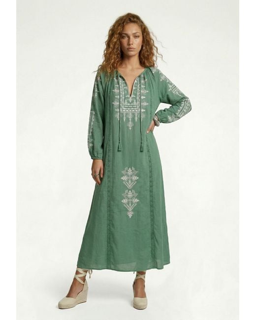 Raffya Green Aurelia Kaftan Style Embroidered Maxi Dress