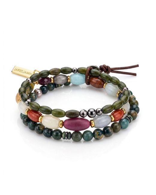 Jaredjamin Metallic Silvan Wood & Oval Gemstone Stackable Bracelet Set for men