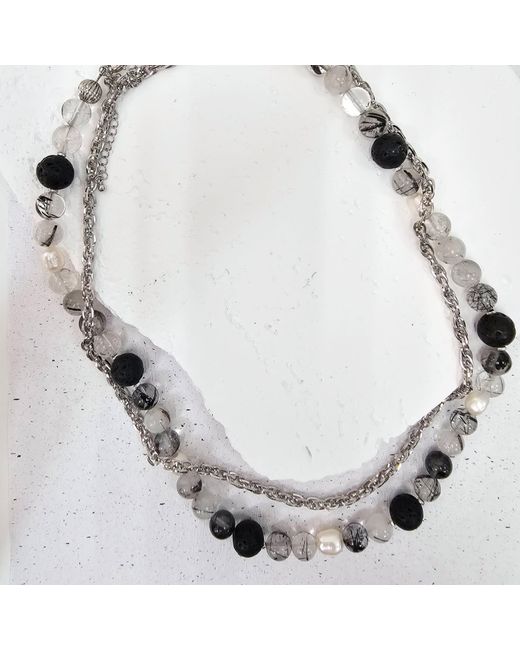 Farra Metallic Rutilated Quartz With Lava Stone And Pearls Necklace for men