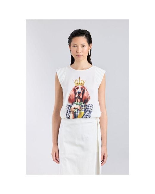 The Extreme Collection White Printed T-Shirt With Pleated Shoulders Structured