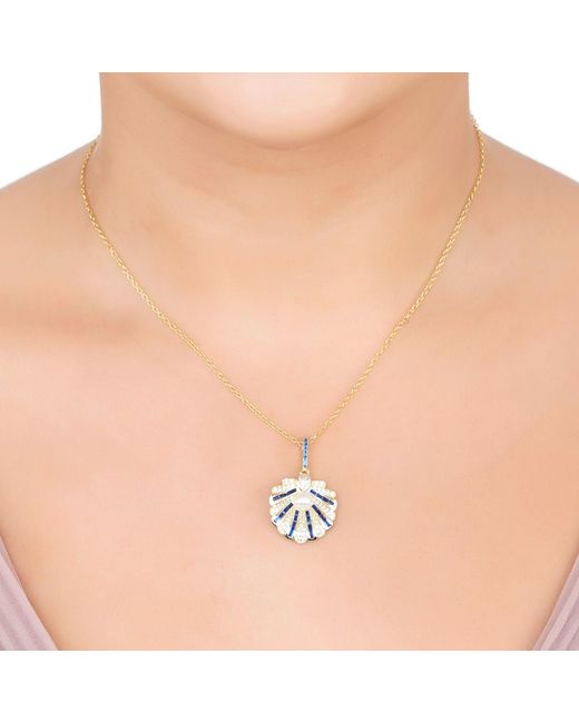 Latelita London Metallic Art Deco Scallop Shell Pendant Necklace Sapphire With Pearl