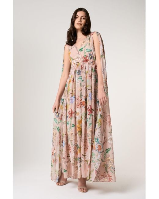 Frock and Frill Multicolor Neutrals Melia Floral Print Cape Sleeve Maxi Dress