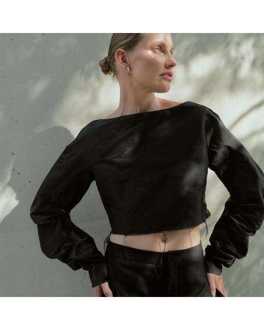 Sazha Black Silk Taffeta Cropped Top With Voluminous Sleeves