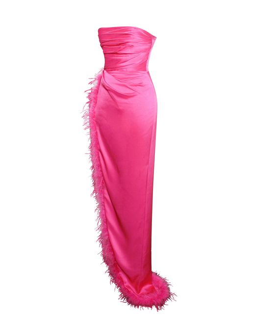 Miss Circle New York Pink Perrin Fuchsia Feather Dress High Slit Gown