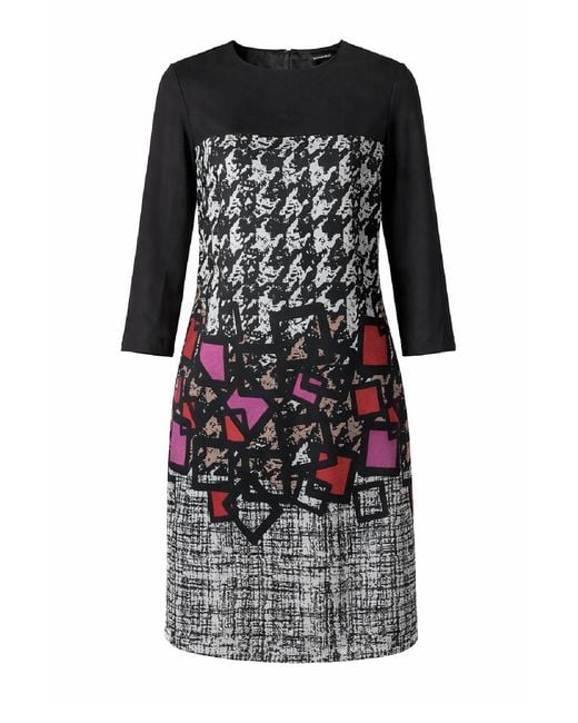 Conquista Black Abstract Panel Midi Dress With Three-Quarter Sleeves