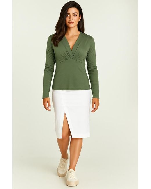 Conquista Green Dusty Long Sleeve, Faux Wrap Top