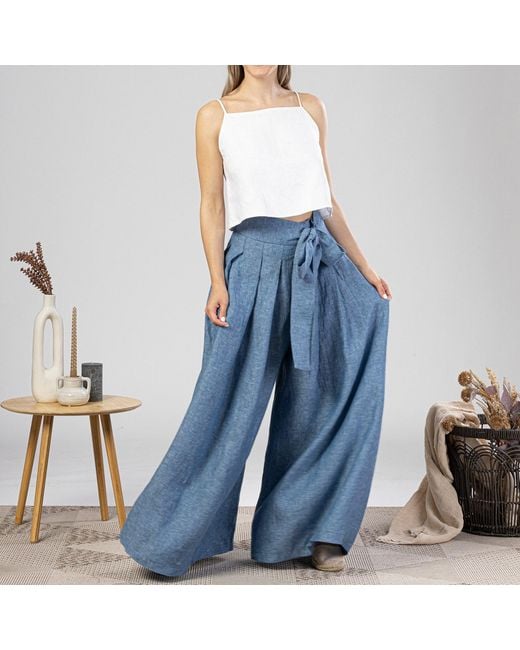 Nikka Place Blue Wide Leg Baggy Linen Pants With High Waist And Front Tie