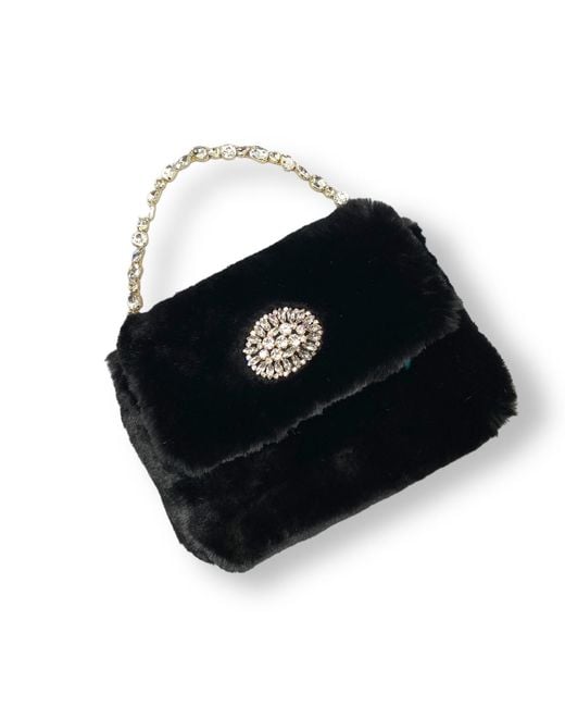 DAMAPREZIOSA Black Victoria Jeweled Handle Bag – Vegan Fur