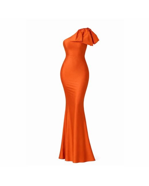 Moda Glam Orange Jersey One-Shoulder Bow Gown- Burnt