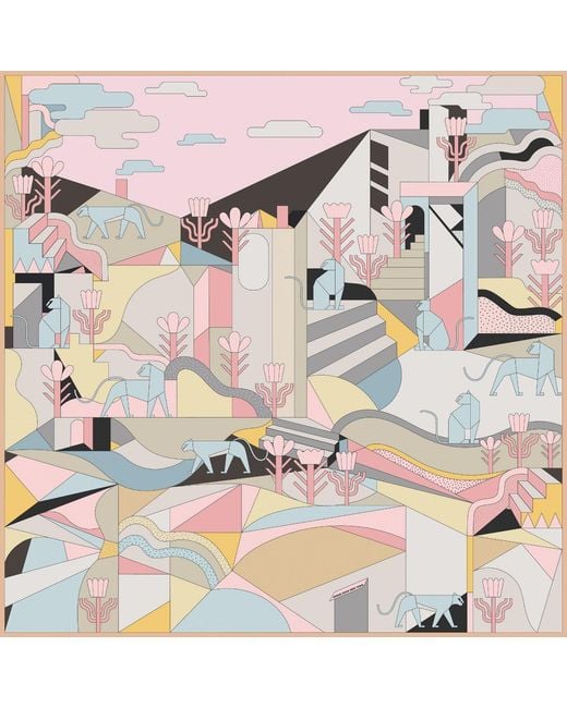 Jessie Zhao New York Blue Double Sided Silk Scarf Of Jungle Puzzle