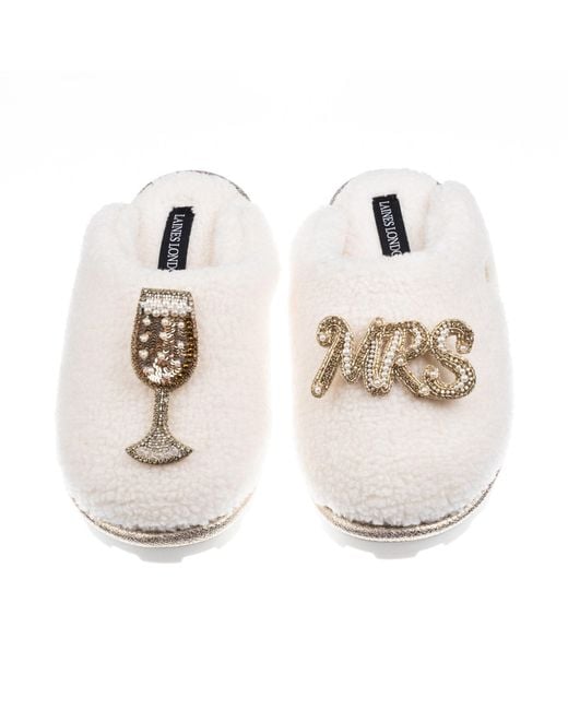 Laines London White Neutrals Teddy Closed Toe Slippers With Mrs & Wedding Champers Brooches