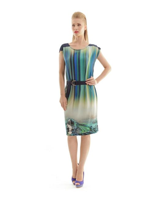 Conquista Green Cap Sleeved Print Dress