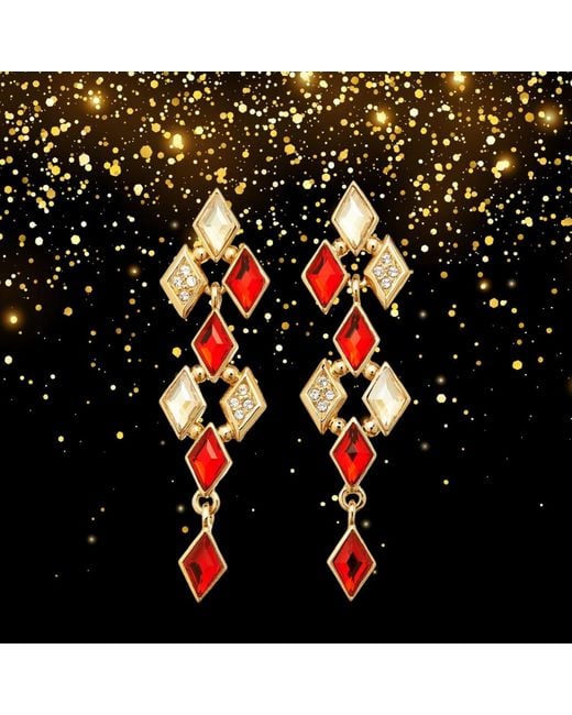 Grosse Red Light Siam, Clear & Golden Shadow Crystal Statement Drop Earrings, Series Glitter