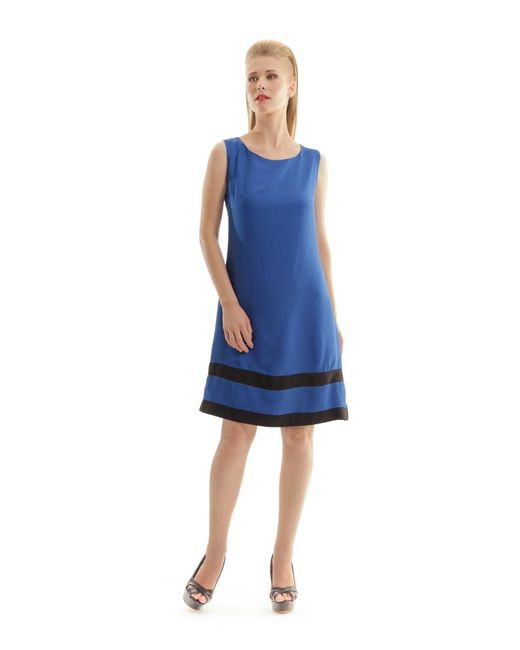 Conquista Blue Sleeveless A Line Panel Detail Dress