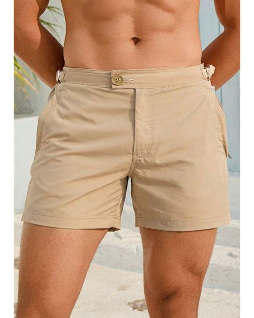 Vayla Natural Neutrals Classic Plain Mocha Long Length Swim Shorts With Adjustable Waist for men