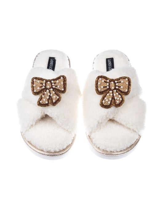 Laines London White Neutrals Neutral Boucle Slippers With & Pearl Beaded Pretty Bow Brooches