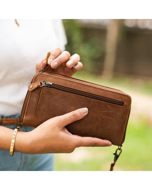 Hides Leather Co. Brown Handmade Leather Zip Wallet, Iridescent Midi Travel Organizer