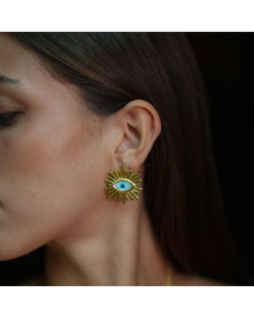 Ebru Jewelry Metallic Guardian Aura Chunky & Pearl Evil Eye Stud Earrings