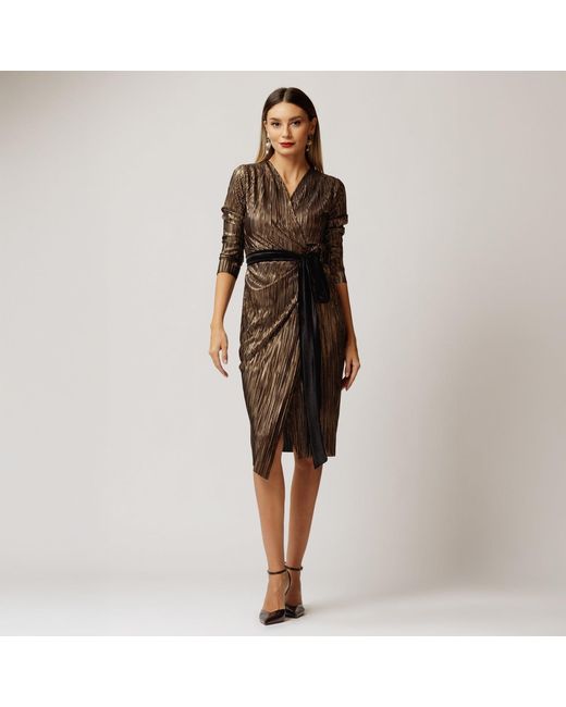 concept A trois Brown Plisse Cocktail Dress With Long Sleeves And Velvet Cord