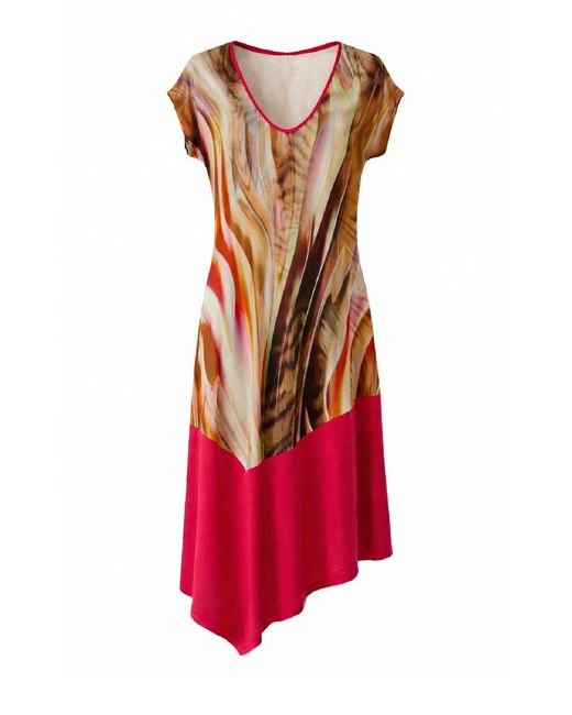 Conquista Red Asymmetrical Midi Dress With Abstract Print & Contrast Hem