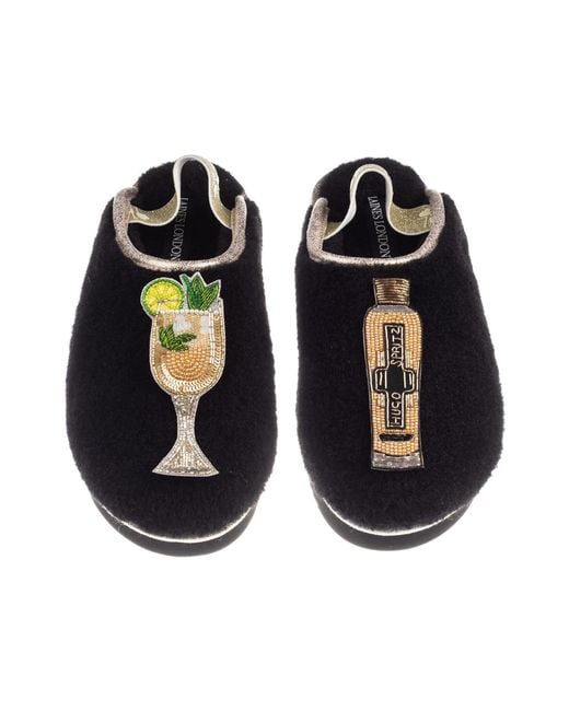 Laines London Black Flatform Cloud Closed Toe Slippers With Hugo Spritz Brooches