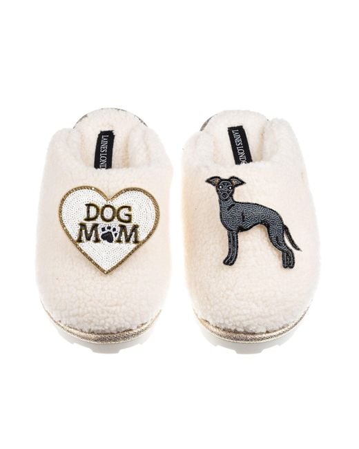 Laines London White Neutrals Teddy Closed Toe Slippers With Dog Mum/Mom & Italian Greyhound Brooches
