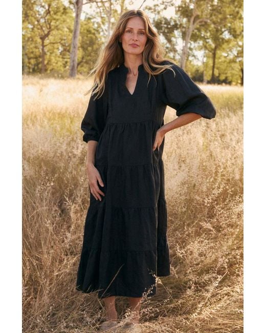 Adrift Clothing Black Sabre Linen V-Neck Dress