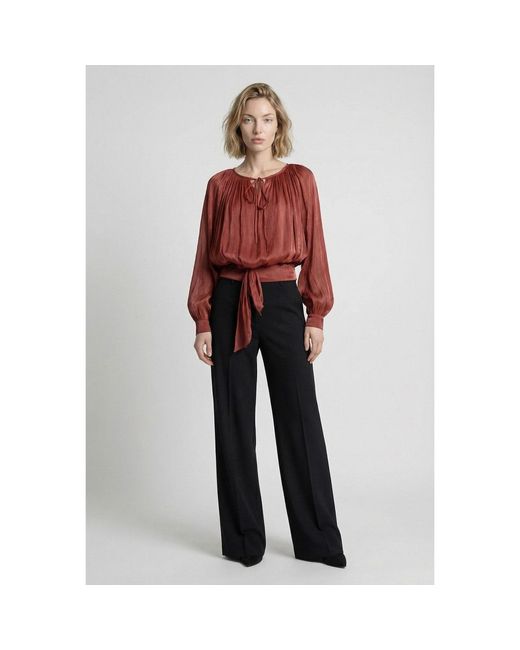 Modenaire Brown Gathered Tie-Neck Blouse With Blouson Silhouette And Waist Tie