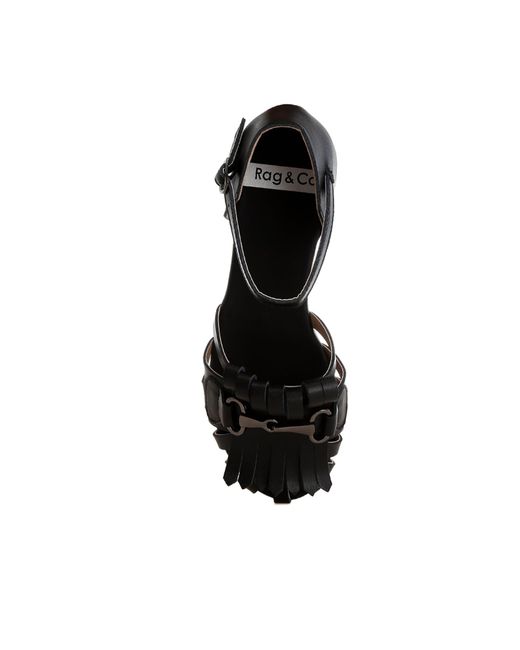 Rag & Co Black Ramita Horsebit Fringe Flat Sandals