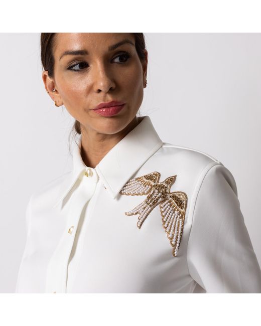Laines London White Laines Couture Shirt With Embellished Pearl Bird Shirt
