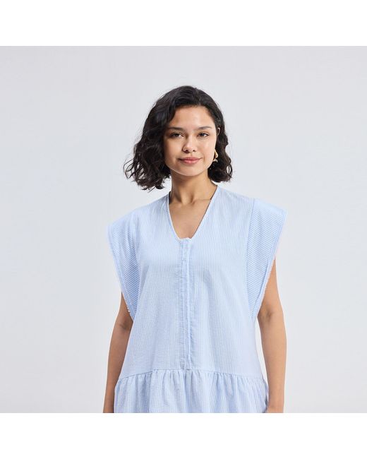 REISTOR Blue Oversized V Neck Short Dress With Frayed Sleeves