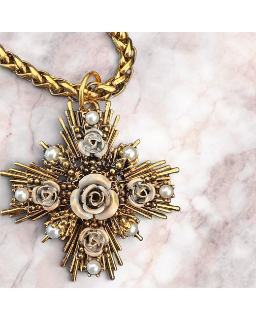 Vstyle Metallic Sacred Rose Pearl Cross Necklace