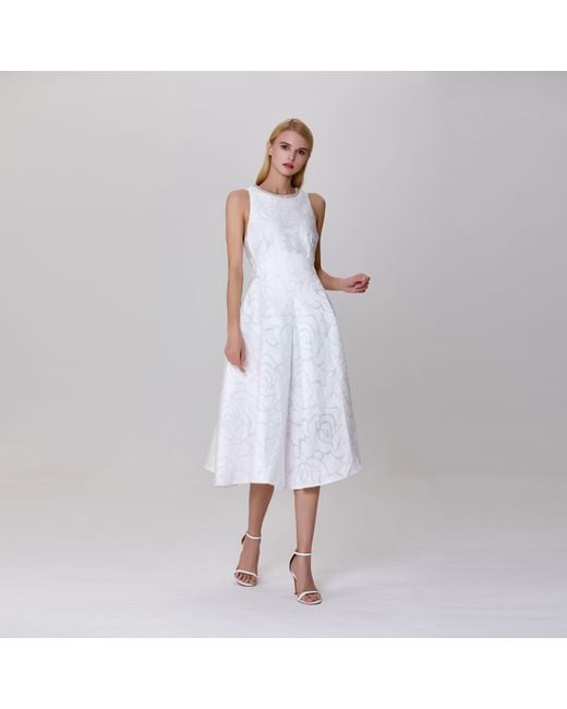 Smart and Joy White Fit-And-Flare Collar Trim Textured Jacquard Dress