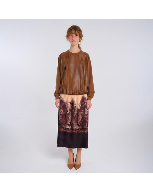 Lalipop Design Brown Neutrals All-Over Graphic Design Pleated Skirt With Vegan Leather Detailing