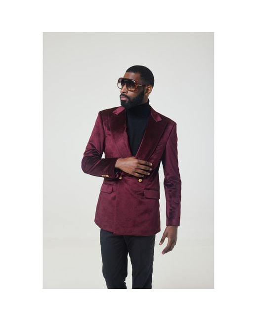 DAVID WEJ Red Maison Velvet Double Breasted Peak Lapel Two Piece Suit – Burgundy for men