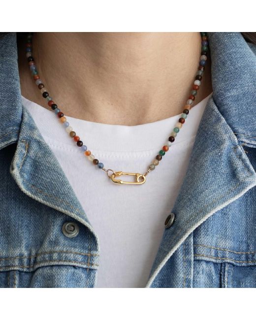 Kris Nations Metallic Mixed Agate Beads & Safety Pin Necklace