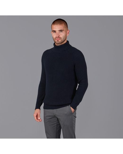 Paul James Knitwear Blue Cotton Jacob Fisherman Rib Knit Roll Neck Jumper for men