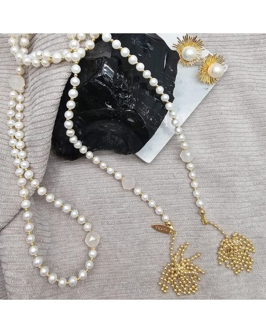 Farra Metallic Freshwater Pearl And Agate With Tassel Open End Long Necklace