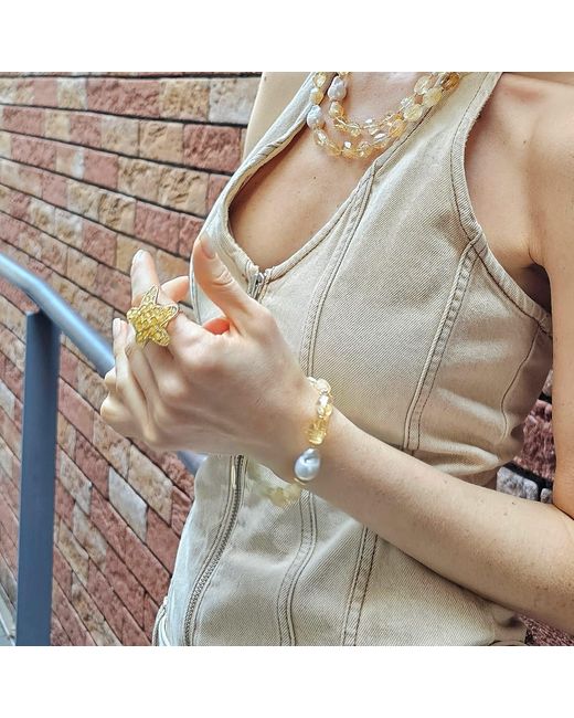 Farra Metallic Faceted Citrine With Baroque Pearl Adjustable Bracelet