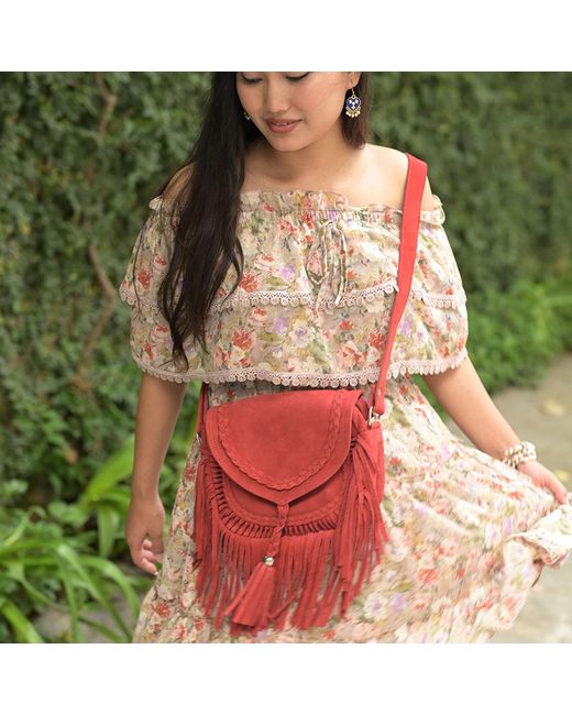 Zasta Studio Red Banjara Suede Leather Crossbody Bag