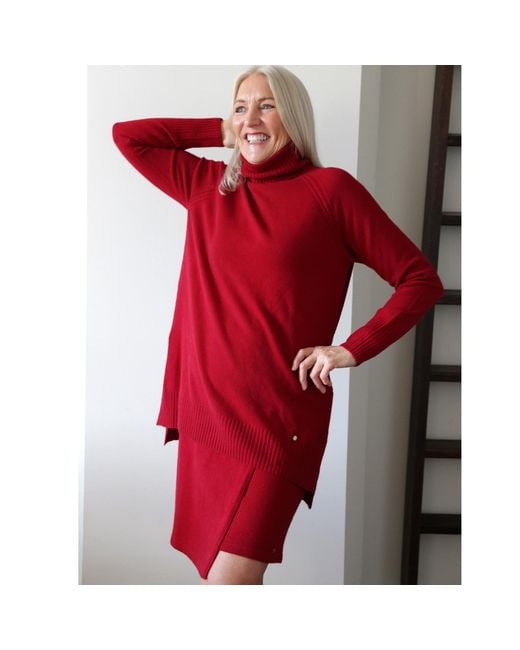 tirillm Red Abby A Line Long Turtle Neck Pullover