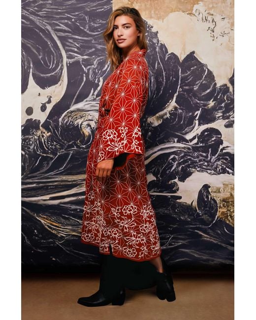 Artemis Muse Asanoha & Peony Embroidered Terracotta Fully Lined Long Kimono