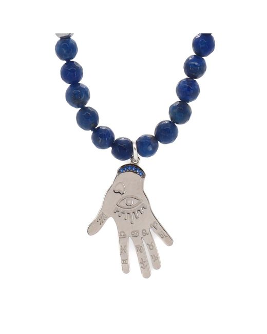 Ebru Jewelry Metallic Lapis Lazuli & Hematite Stone Sterling Hamsa Pendant Beaded Necklace