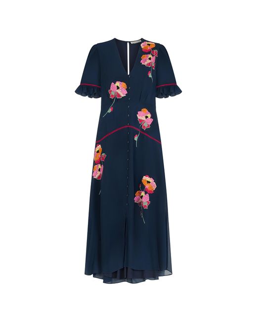 Hope & Ivy Blue The Niamh Embroidered Frill Sleeve Button Front Midi Dress With Ladder Trim