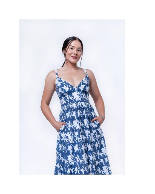 House of Gl Blue Elira Cotton Sweetheart Neckline Midi Dress With Smocked Back