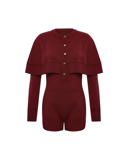 Thisisu Collection Red Cleo Cape Detail Knit Jumpsuit – Burgundy