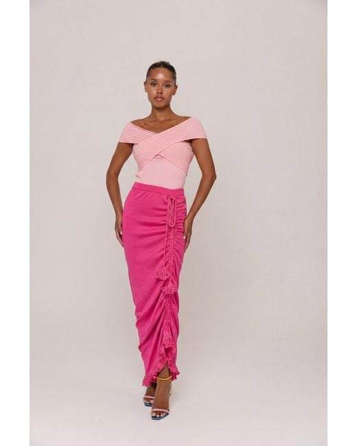Andreeva Pink Fuchsia Carnation Knit Skirt With Handmade Embroidery