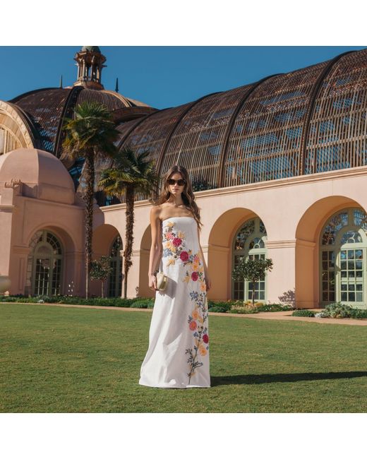 Mac Duggal White Strapless Floral Embroidered Linen Gown