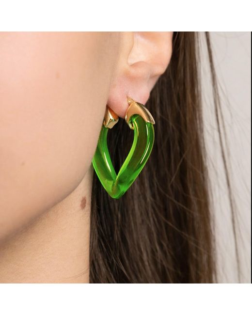 Gold & Honey Green Peridot Curb Link Lucite Birthstone Hoop Earrings